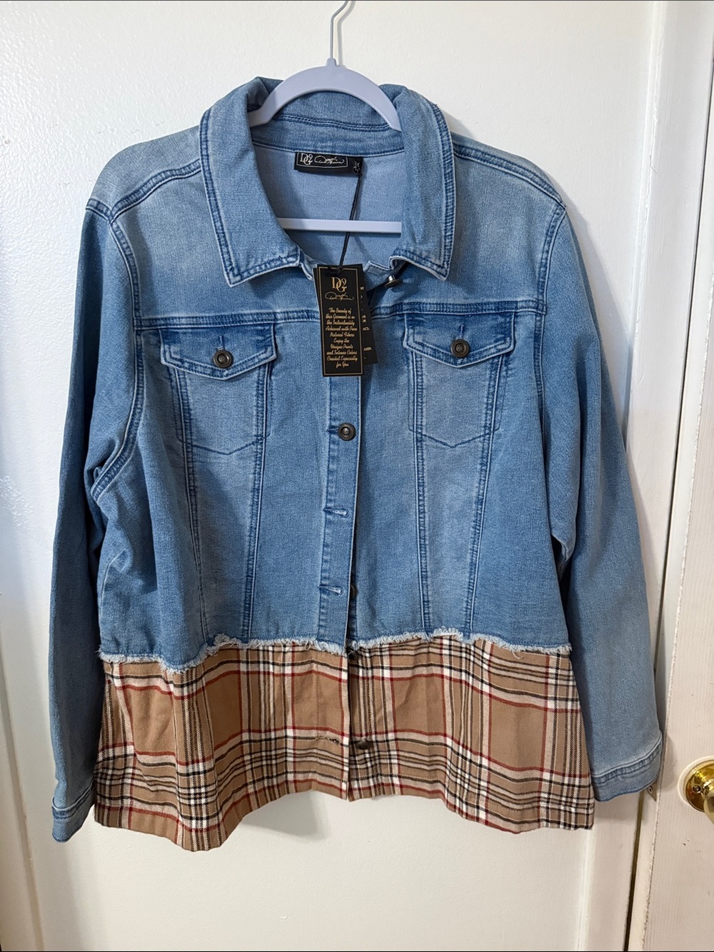 DG2 by Diane Gilman Light Blue Denim Jacket with Tan Plaid Hem